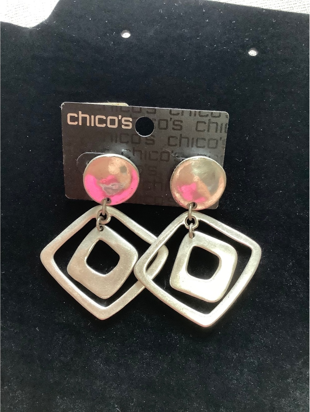 Chico’s Silver Tone Geometric Square Dangle Earrings Statement 2.75” NWT Card